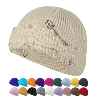 Wholesale Custom Logo Hip Pop Short Cuff Knit Fisherman Cap Broken Hole Pin Knitted Hat Men Women Fashion Distressed Beanie Hat