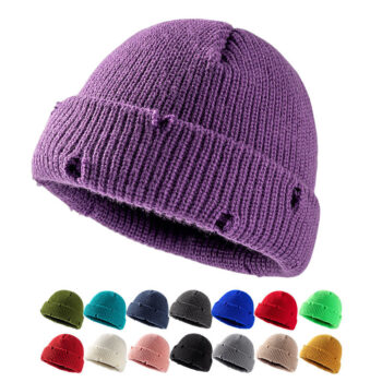 Wholesale Unisex 100% Acrylic Worn Out Skull Fisherman Cap Short Cuff Knit Distressed Beanies Hat with Custom Logo Woven Patch