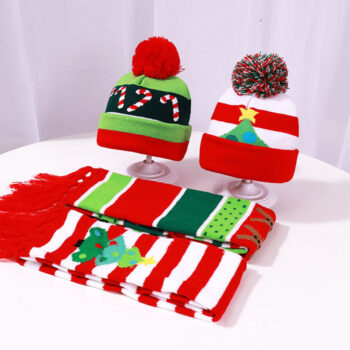 Wholesale Stock Thick Scarf and Beanie Set Knitted  Christmas Jacquard Fan Scarf with LED Lights