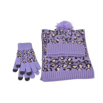 Hot Selling European and American Autumn and Winter Leopard Print Warm Knit Wool Hat  Scarf and Glove Three Piece Set